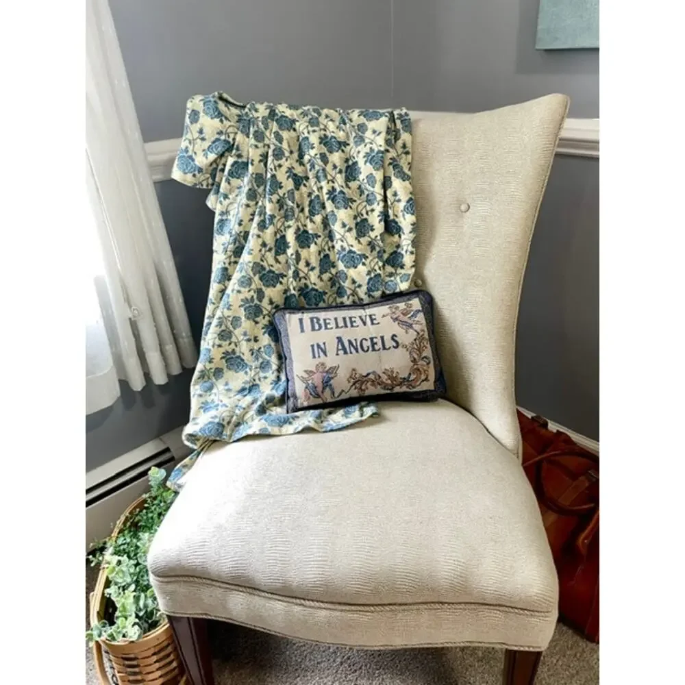 Vintage I Believe in Angels Tapestry Accent Pillow Blue Cherub Cottagecore Decor